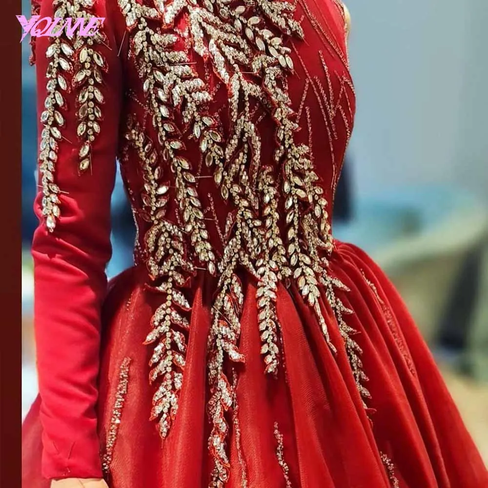 

Elegant Muslim Long Sleeve Crystals Evening Gown Party Dresses 2021 High Neck Handmade Beaded Tulle Formal Women Dress