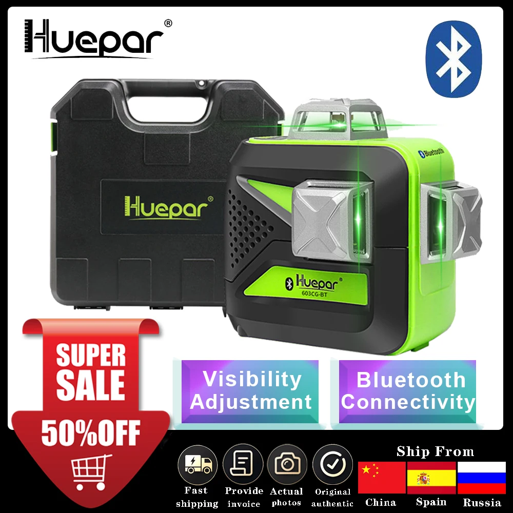 

3D лазерный уровень Huepar, 3x360 зеленый луч, соединение по Bluetooth, перекрестные линии, самонивелирующиеся инструменты и жесткий чехол для перенос...