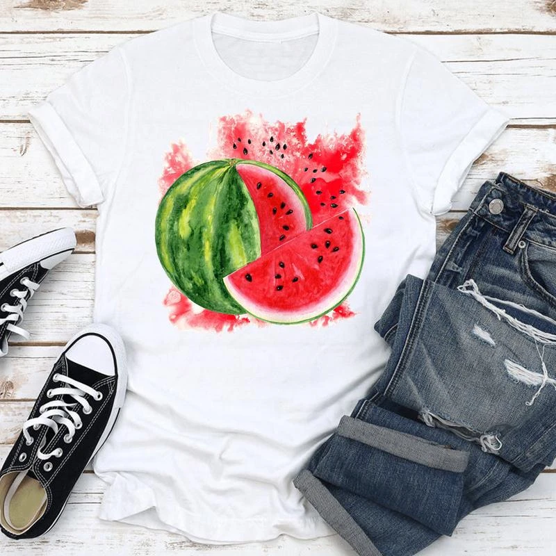 

Female Tee Tops Women Clothes Summer Watermelon Fruits Holiday Fashion Short Sleeve Print Cartoon Tshirt Graphic T-shirt