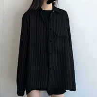 deeptown vintage shirts women autumn korean style fashion tops bf long sleeve loose stripe print button up shirt black blouse