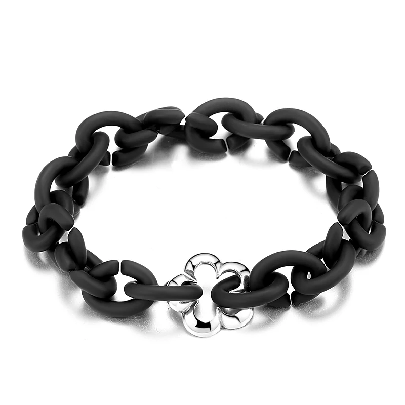Fashion Hollow lucky flowers Bead Black Rubber X Bracelet for Men Women Jewelry Simple Style 21cm Hard Ring Bracelets | Украшения и