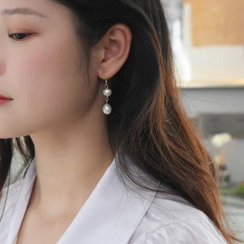 Женские серьги из натурального серебра пресноводный барочный жемчуг пробы ASHIQI
