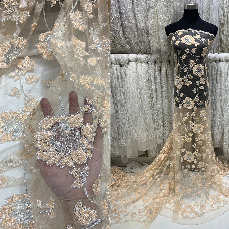 

White/Rose Gold/Pink/Champagne African Wedding Tulle Floral Mesh Flowers Beaded Lace Fabric Applique High Quality Dress Textiles