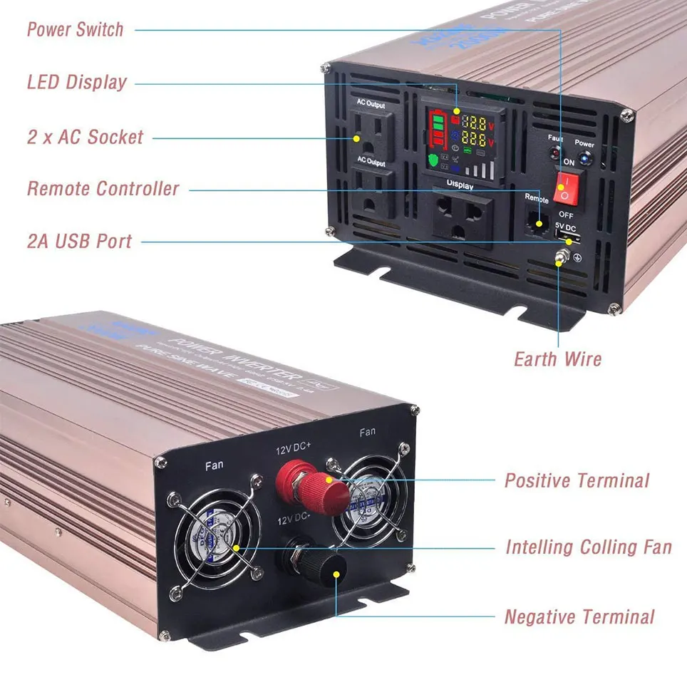 

2000W power inverter 12V to 110V pure sine wave automobile plug inverter adapter DC to AC converter with remote control