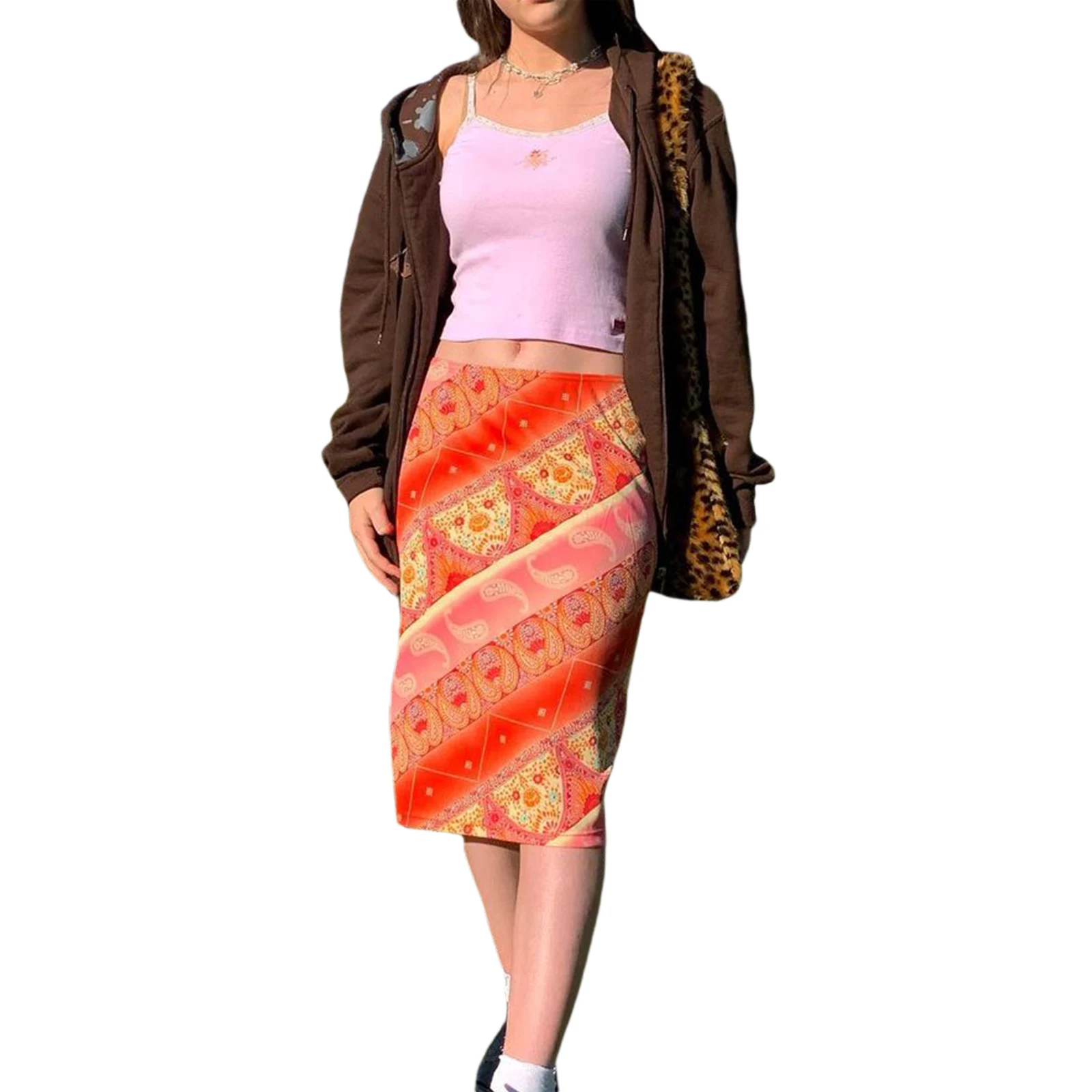 Women Middle Waist Midi Skirt Digital Print Slim Fit A-line Skirts for Summer