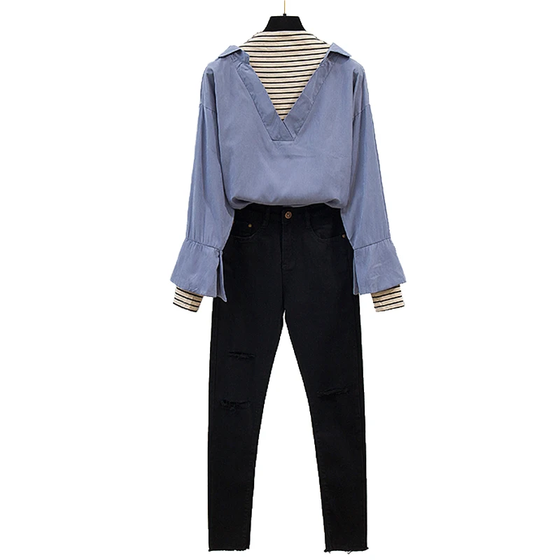 

2020 Autumn Women Long Sleeves Stripe Patchwork High Neck Shirts + Slim Hole Pants 2 pcs sets Girls Casual Suits A1765