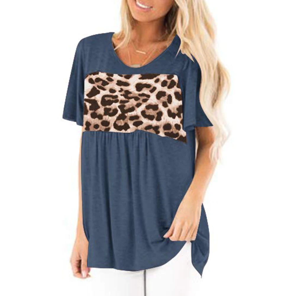 

Women Sexy O Neck Short Sleeve Stitching Leopard Pullover Loose Blouse