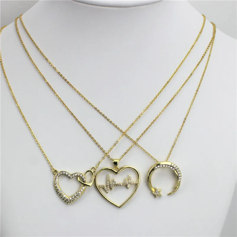 10 штук/лот 19-дюймовое новое дизайнерское ожерелье из циркония в форме сердца/молнии/звезды/луны, ювелирное изделие с позолоченной медной цепочкой, дешевая оптовая продажа.