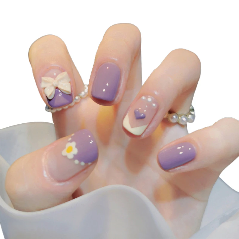 

2021 24pcs Pearl Inlaid Nail Patch Glue Type Removable Short Paragraph Fashion Manicure Save Time False Nail Patch