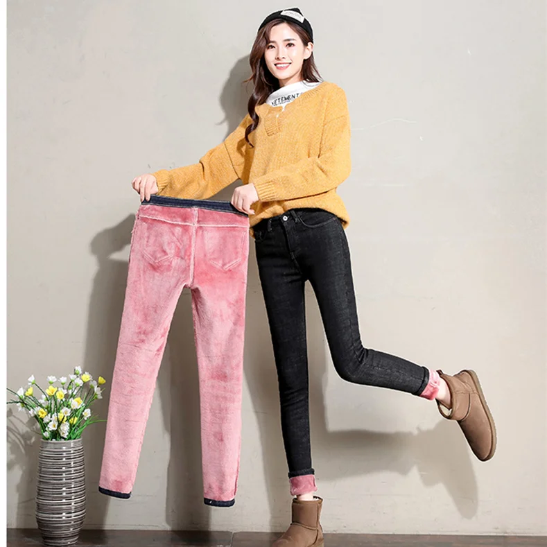Новые зимние плотные флисовые джинсы для женщин облегающие бархатные теплые