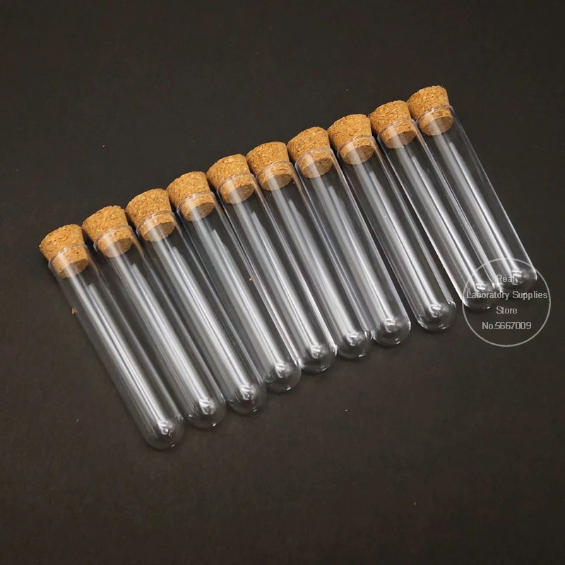 

100pcs 12x60mm Lab Transparent Plastic test tube with Cork Cap Stopper U-shape bottom Laboratory or Wedding favours Spice Tube