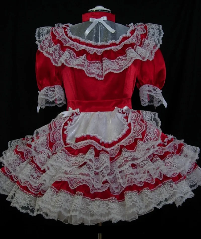 Красное Кружевное Платье-фартук с бантом платье горничной для взрослых