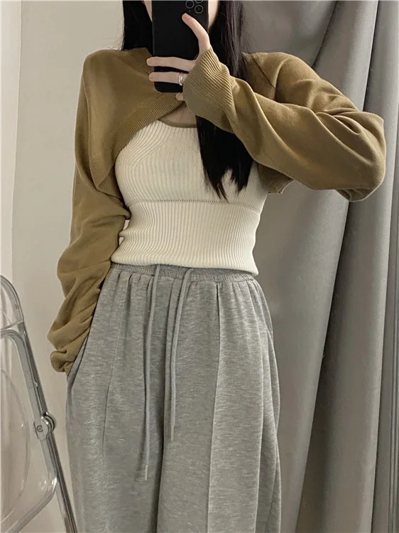 

Дизайнерская короткая блузка, уличный костюм, Осенний вязаный жилет на бретелях, комплект из двух предметов, женская мода