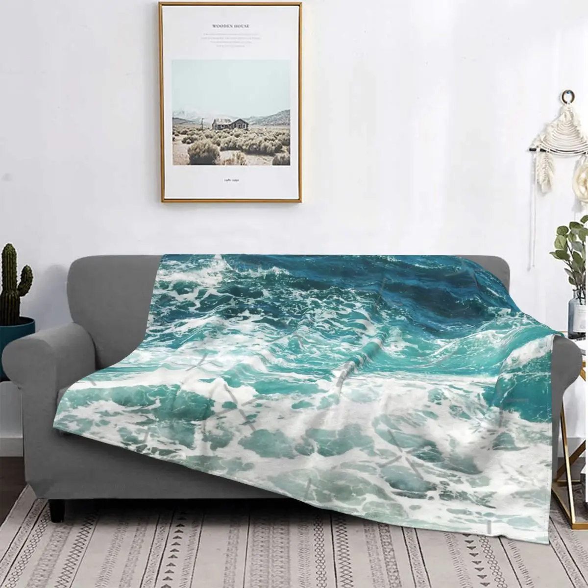 

Manta con estampado de olas del Océano Azul, colcha a cuadros para cama, sofá cama, mantas mullidas a cuadros, toalla de playa d