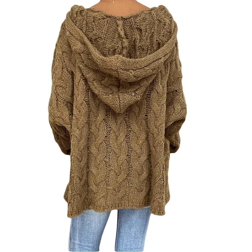 

Women Knitted Sweater Autumn Solid Color Long Sleeve Braided Hooded Pullover Knitted Sweater Warm Loose Pullovers Tops Plus Size