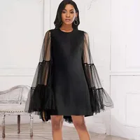 Brand Quality Black Sexy Dress Round Neck Stitching See Through Mesh Flared Sleeves Loose Ruffled S-XXL Plus Size Women's Gown