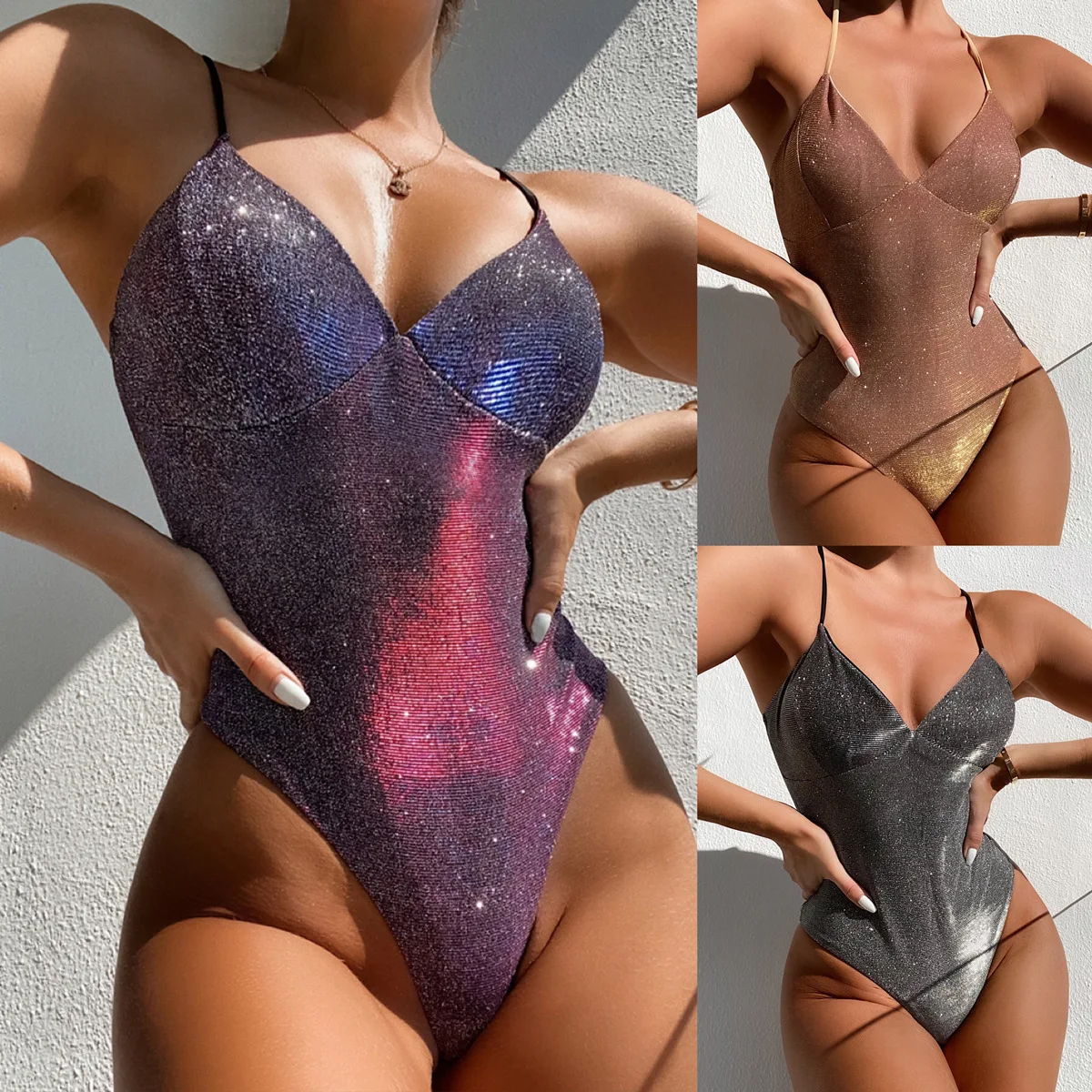 

2021 New Sexy High Quality One-Piece Glitter Shiny Swimwear Women Bikinis Suit Plain Gather Deep V Summer Beach Clothes
