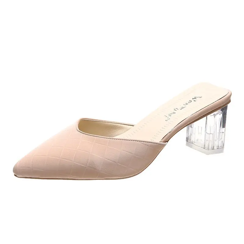 

Slippers Women Summer Cover Toe Square heel Female Shoes Heeled Mules Slides Fashion Low Pointed Block 2021 High Luxury