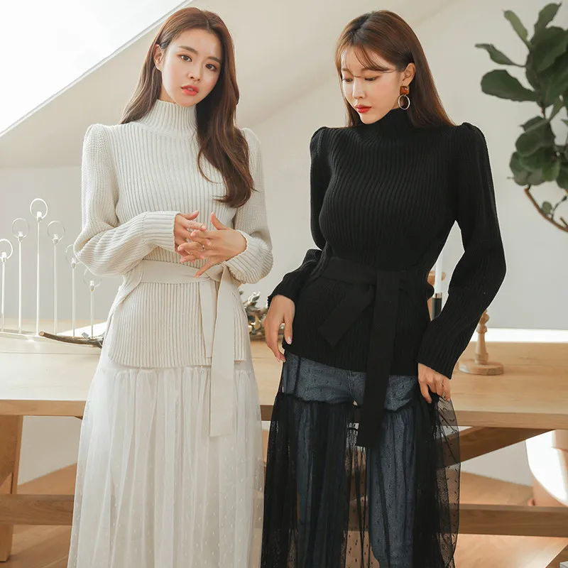 Korean Knitted Turtleneck Pullover Sweater Women 2019 Autumn Winter Puff Sleeve Lace-up Fashion Casual Female Tops Sweaters | Женская