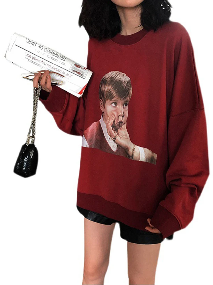 

Hot Sale Women Hoodies Sweatshirt with Little Boy Pattern Ladies Warm Oversized Sweatshirts with Back Strap Letters FLUFFY WORLD