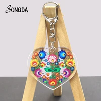 new heart polish folk art pattern acrylic keychains pendant key chain holder cartoon keyrings double sided unisex jewelry gifts