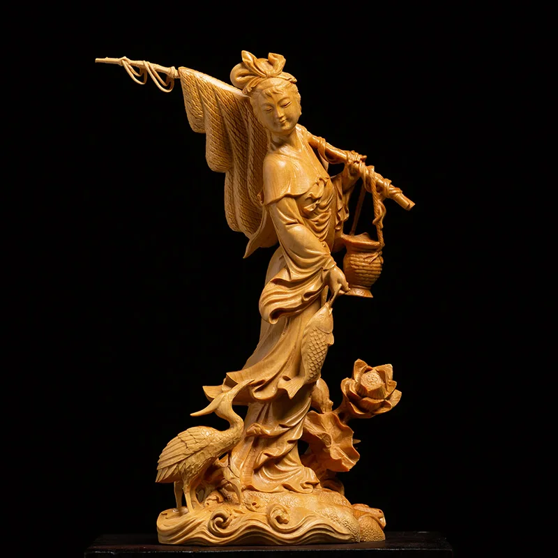 

Beautiful Women Fishing Chinese Boxwood Wood Carving Character Wood Statue Home Decoration Features Feng Shui Ornaments