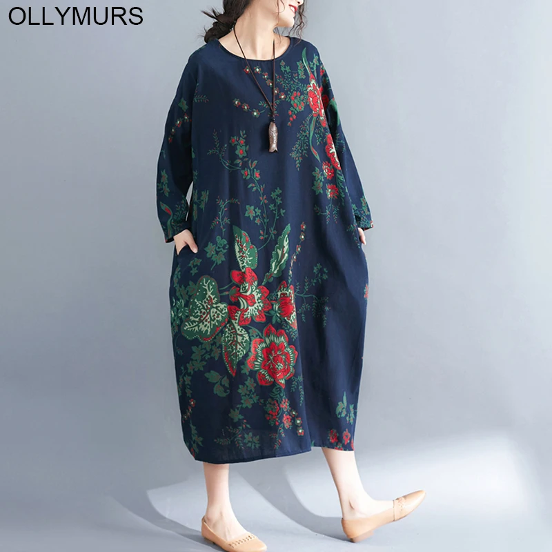 Элегантное хлопковое льняное платье свободного кроя с длинным рукавом размера