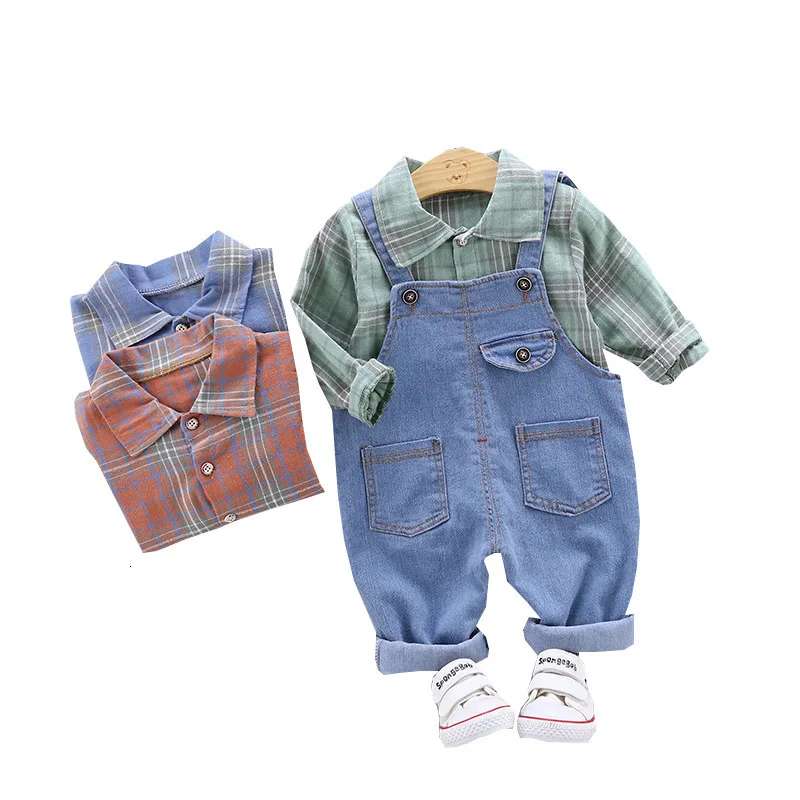 

Спортивный костюм детский хлопковый в клетку, рубашка-комбинезон, штаны, 2 шт./компл., весна-осень