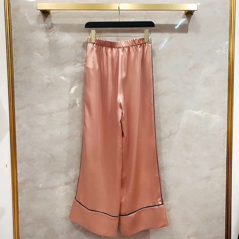 Sets Women Pajamas Spring Pink Silk Sets Long-sleeved Embroidered Shirt High-waisted Wide Straight Leg Pants