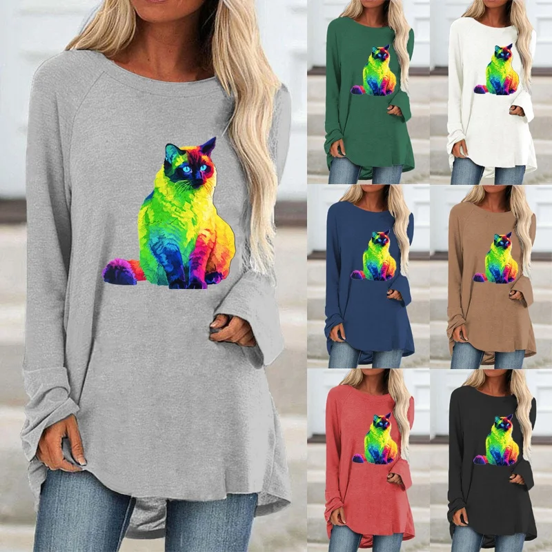 

Женская одежда на осень и зиму, свободная Повседневная рубашка, Модный пуловер с длинным рукавом и графическим принтом и круглым вырезом, топы больших размеров