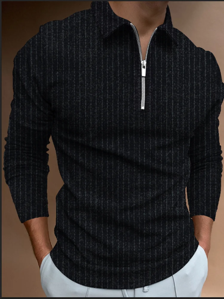 

Hot 2021 Autumn Men Polo Shirt Anti-Shrink Striped Long Sleeve Polos Zipper Clothes Casual Loose Male Tee Shirts Top U.S. Yards