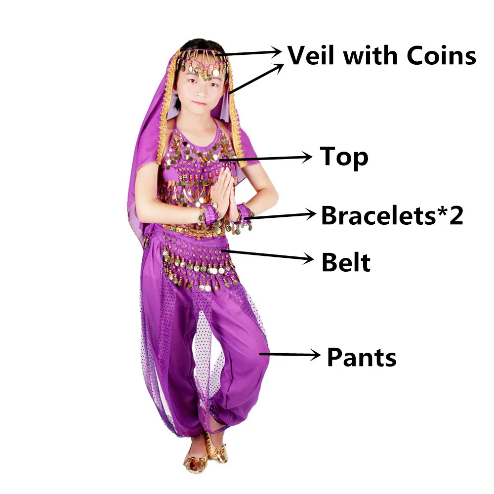Purple 6pcs Костюмы для танца живота, для детей, для восточных танцев, для девочек, для танца живота, индийский комплект для танца живота, одежда для танца живота, для детей, индийский, 6 цветов - Color: Purple 6pcs