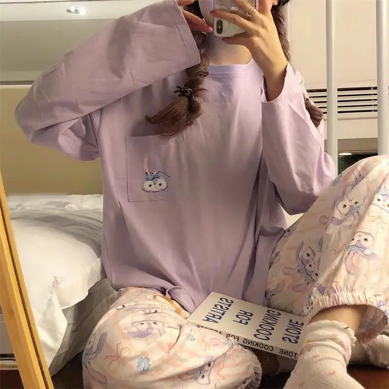 

Women Trouser Suits Stellalou Purple Long Sleeve 2 Piece Sets 2021 Disney Top and Pants Rabbit Print Ladies Pajama Set Kawaii