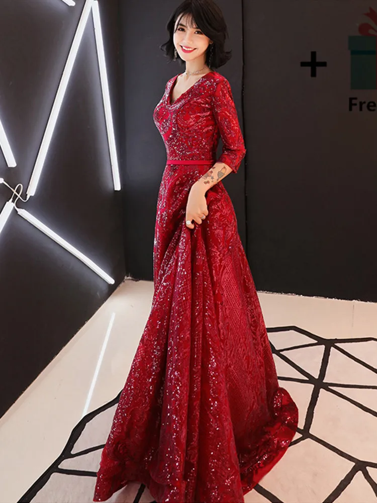 Вечернее платье Бордовое платье с коротким рукавом De Soiree вечернее платье длиной до пола шикарные вечерние платья с v-образным вырезом и пайетками LX1335