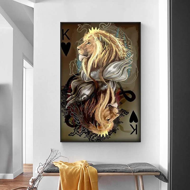 

Abstract Modern Lion Poker Posters and Prints Creative Animal Canvas Paintings Wall Art Pictures for Living Room Decor No Frame