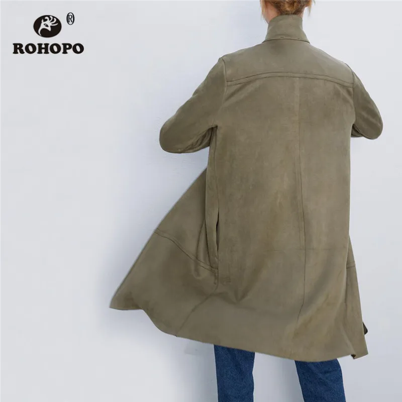 ROHOPO зазубренный воротник замшевая куртка с открытым воротом Осенняя Женская однотонная винтажная прямое длины до колена британские пальто#19160