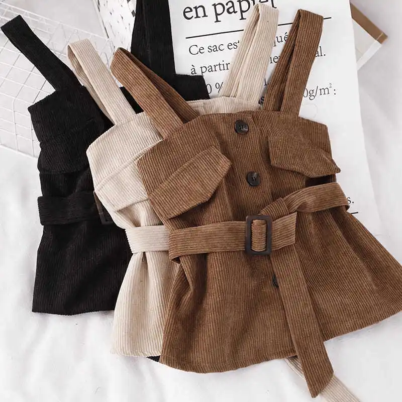 

2021 New Short Spring and Summer Girls Wear Vest Waistcoat Suspender Top Tank with Sashes and Pocket