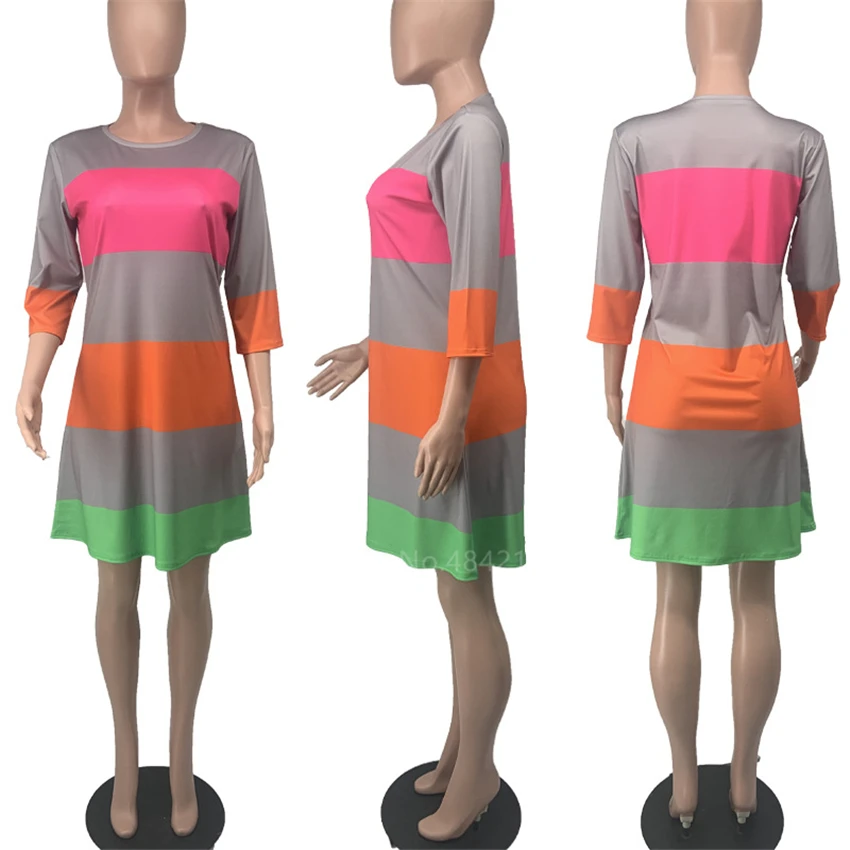 

African Dresses for Women Traditional Loose Africa Rainbow Stripe Print Dashiki Clothing Ladies Ankara Swing Summer Party Dress