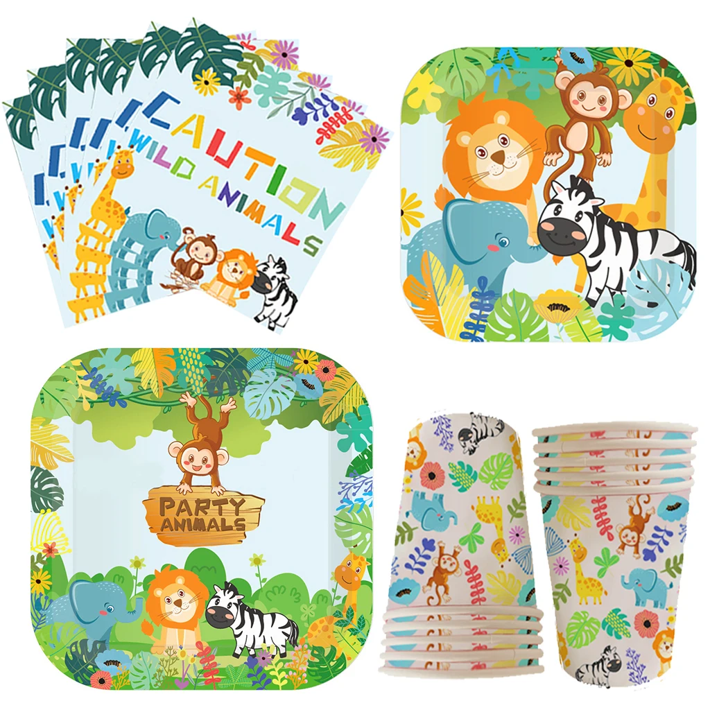 

Woodland Jungle Animals Disposable Tableware Jungle Safari Birthday Party Kid Zoo Monkey Lion Zebra Elephant One 1st Boy Forest
