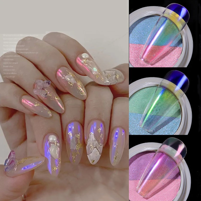 1 Box Holographic Neon Solid Nail Glitter Powder Double Color Transparent Aurora Powders Dust Art Pigment Chrome Decoration | Красота и