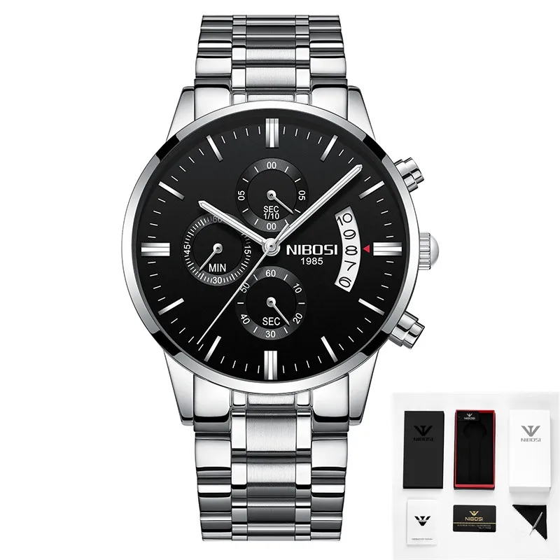 5 with box NIBOSI часы Relogio Masculino люксовый бренд Мужские Хронограф деловые Часы мужские стальные кожаные водонепроницаемые кварцевые наручные часы - Цвет: 5 with box