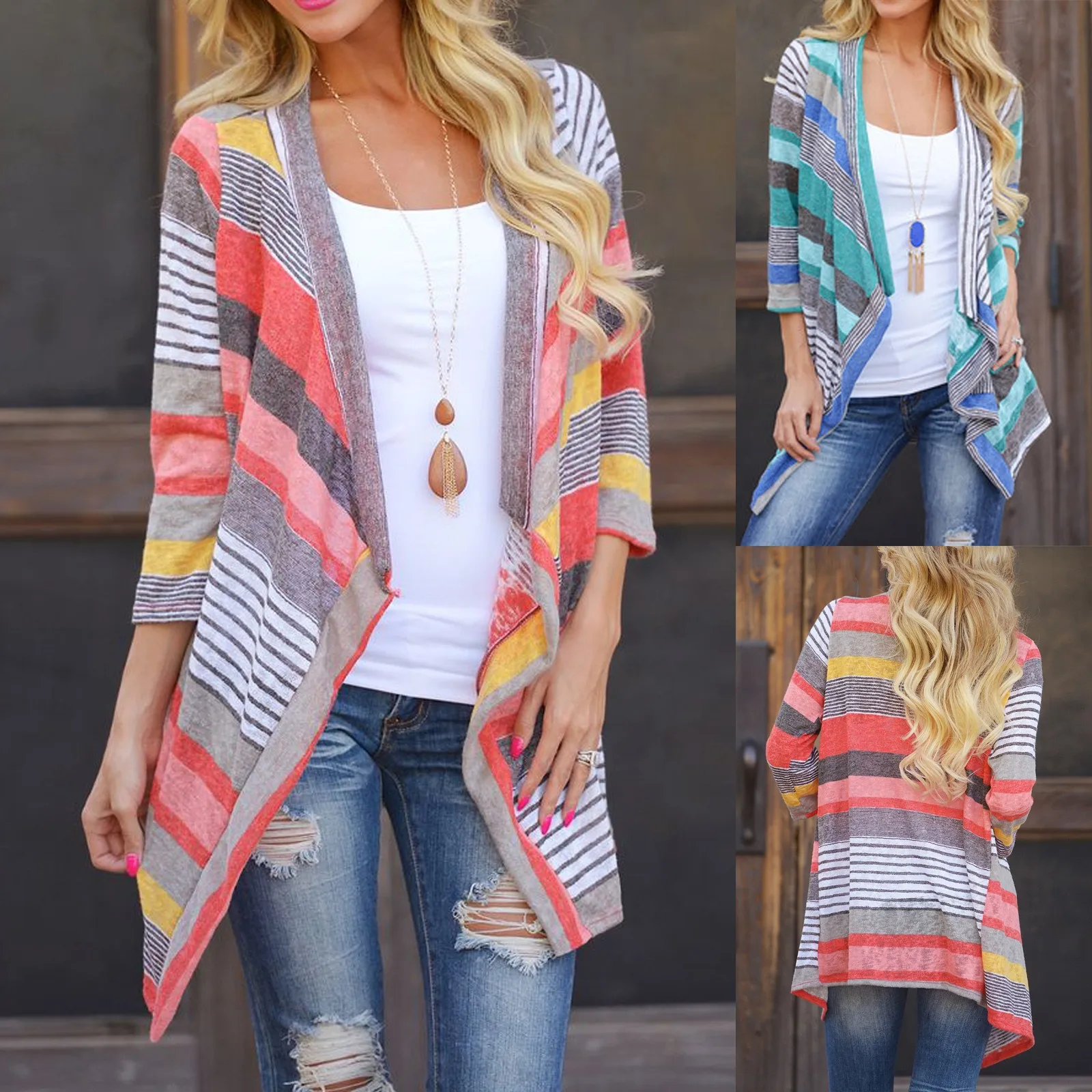 

2021 New Striped Beach Cover Up Cardigan Tunic Pareos Bikinis Cover ups Swim Cover up Jacket Plage Beachwear Shawl Tops Vestidos