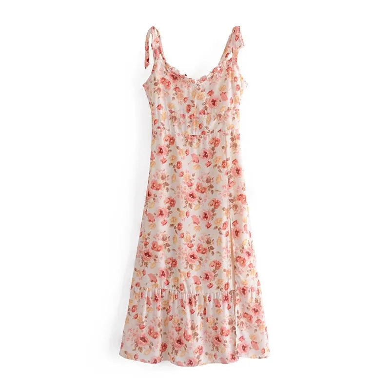 

Merodi Chic Lady Vintage Floarl Print Spaghetti Strap Elastic Back Zipper Long Dresses Women Fashion Backless High Waist Dress