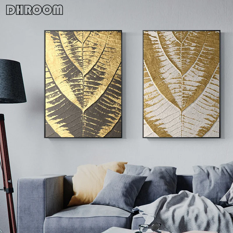 Золотое современное абстрактное искусство настенная картина с текстурой листьев растений плакат на холсте нордическая печать живопись декоративная картина для гостиной.