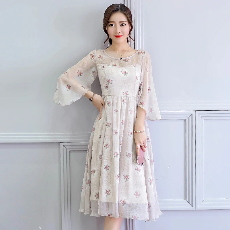 Женское шифоновое платье с цветочным принтом большой размер лето и осень