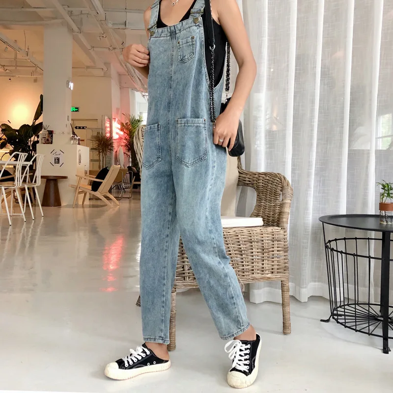 Women Oversized Denim Jumpsuit Autumn Jeans Overalls Plus Size Bib Solid Pockets Rompers Vintage Dungarees Blue Basic Jean Pants