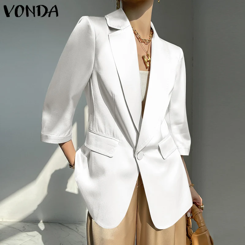 

Праздничные осенние пальто VONDA, Женский Однобортный блейзер с отложным воротником, свободная однотонная верхняя одежда, Женский офисный бл...