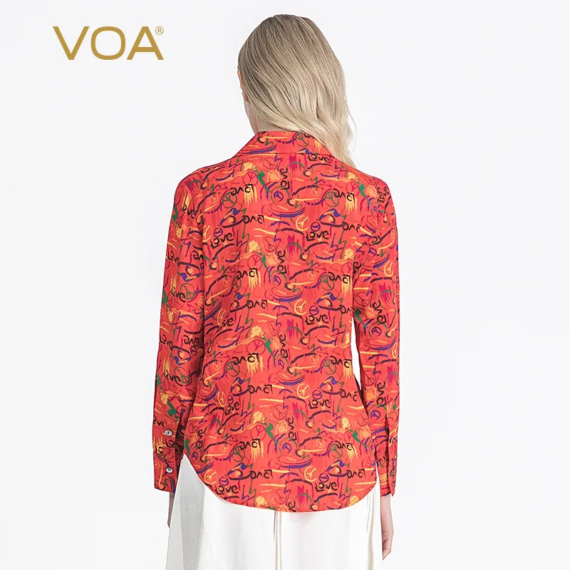 Billig VOA Bluse 100% Seide Orange-Red Graffiti Druck Revers Vordere Kurze Lange Zurück Neue Stil Top Mode Junge Hemd BG16