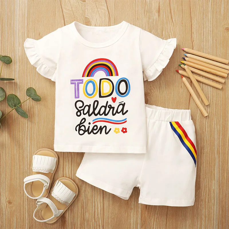 

Girls Rainbow Print Set Kid Short Ruffle Sleeve T-shirt + Children's Shorts