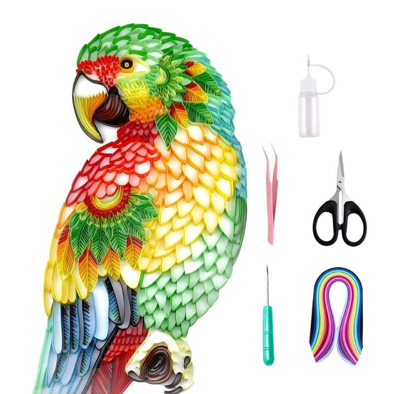 

3D Rainbow Parrot Quilling Paper Filigree Painting Kit Handmade Wall Art Decal Stickers DIY Crafts for Home Decor Gifts